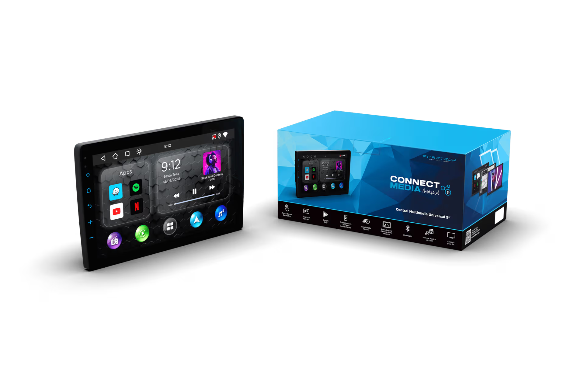 Multimídia Faaftech ConnectMedia - CarPlay e Android Auto para seu Carro